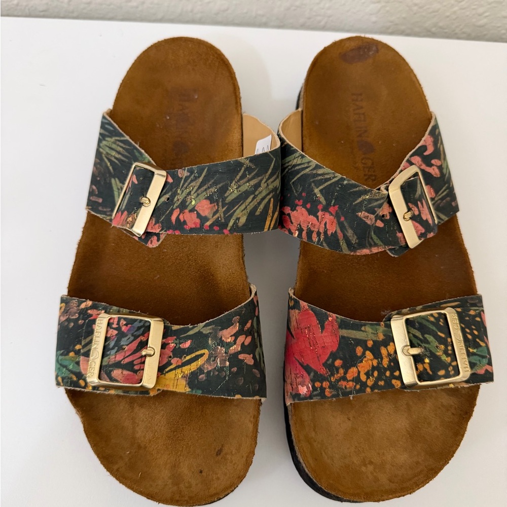 Haflinger Floral Double-Buckle Slide Sandal - Green/Pink/Gold Buckles - Picture 2 of 7